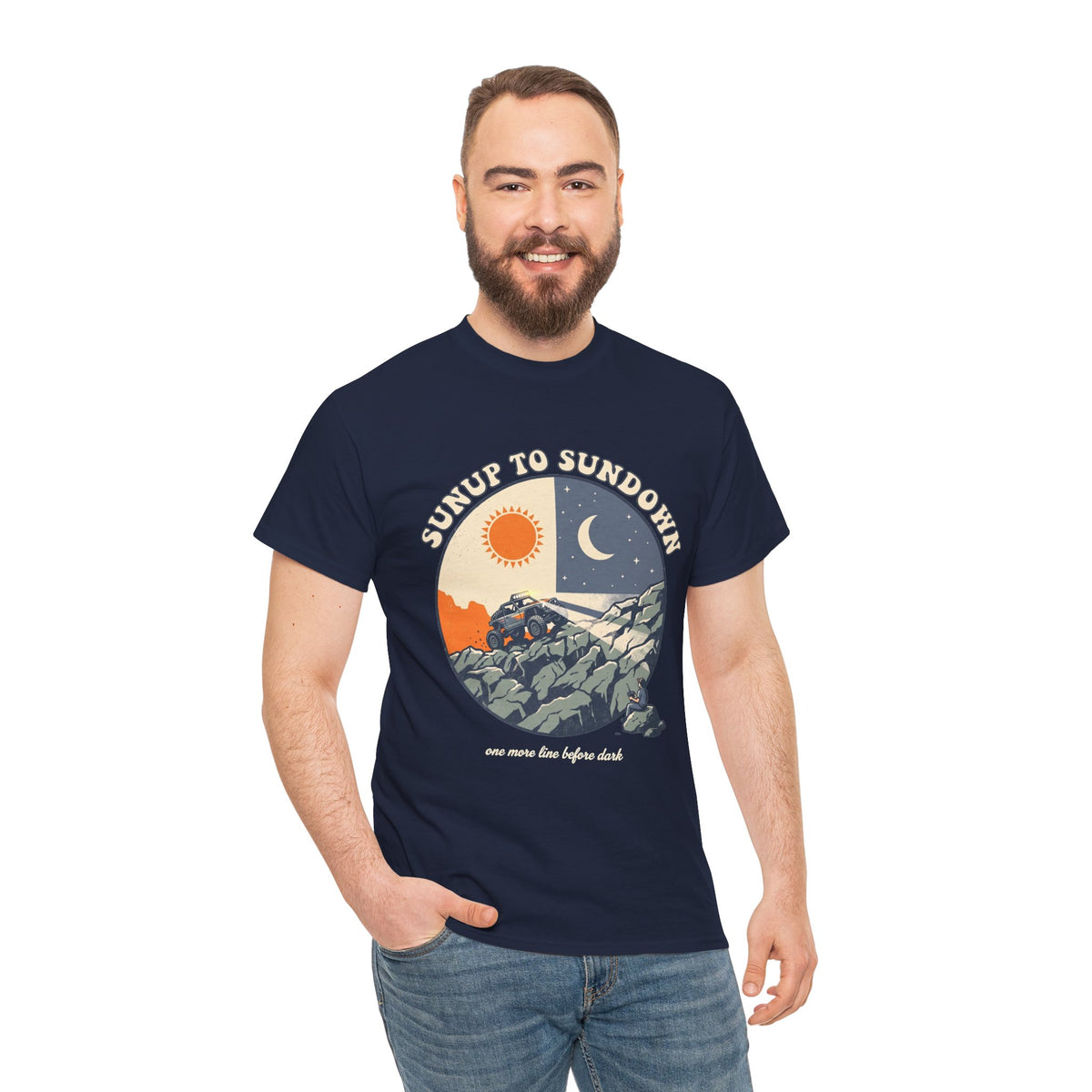 Sunup to Sundown Mountain T-Shirt - Retro Sunrise & Moon Graphic Tee