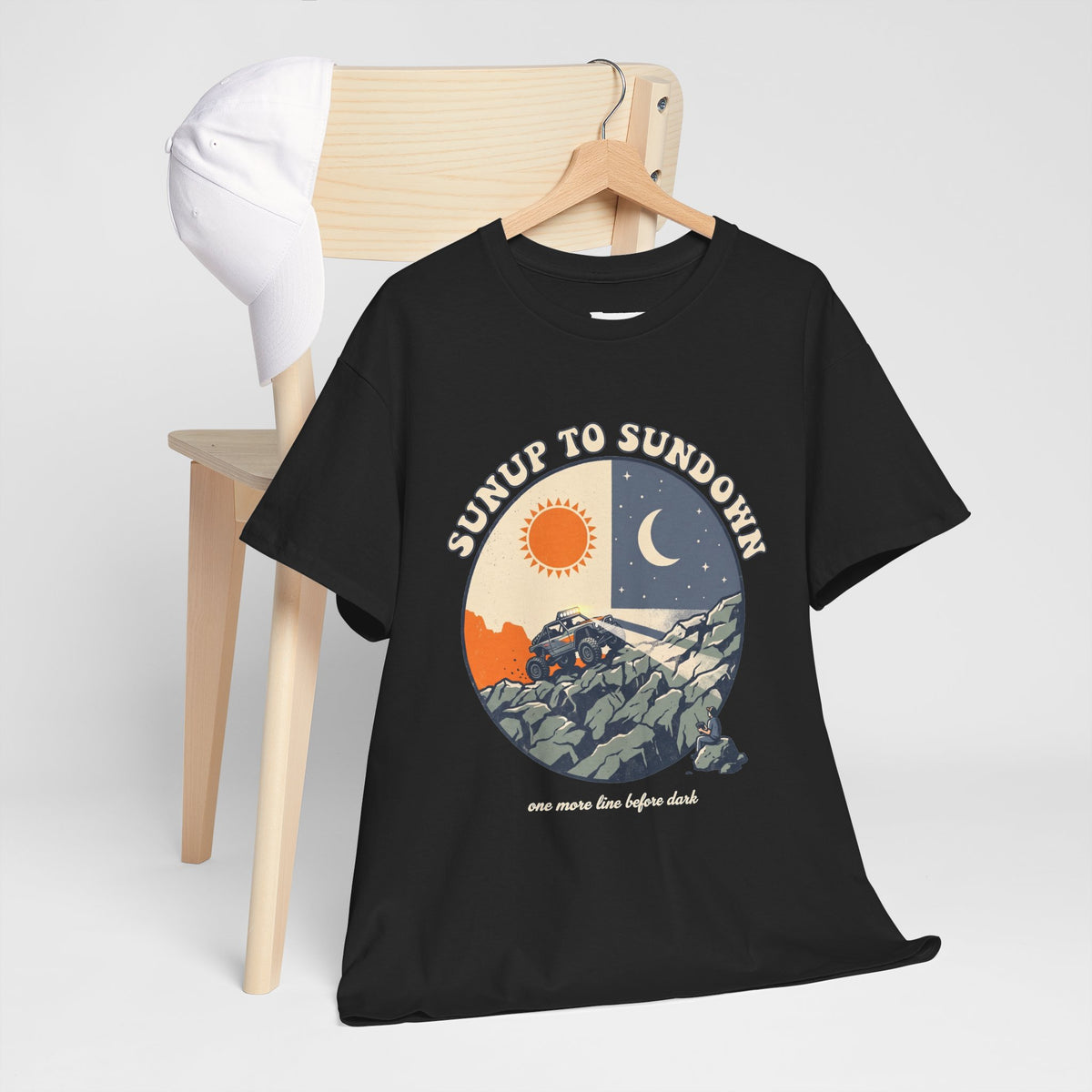 Sunup to Sundown Mountain T-Shirt - Retro Sunrise & Moon Graphic Tee