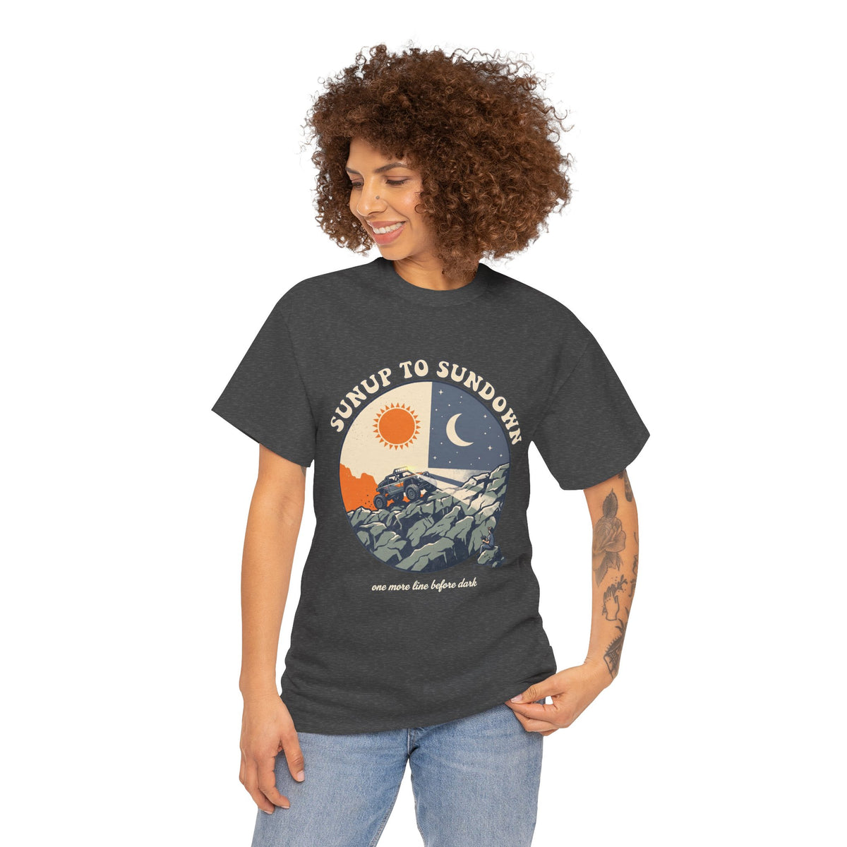 Sunup to Sundown Mountain T-Shirt - Retro Sunrise & Moon Graphic Tee