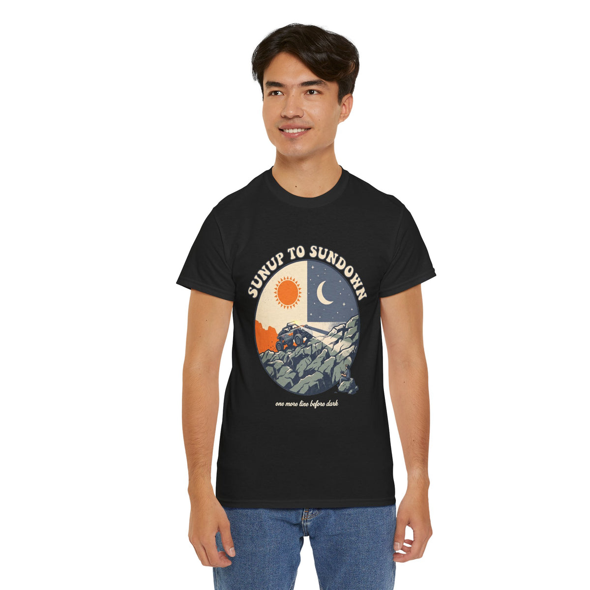 Sunup to Sundown Mountain T-Shirt - Retro Sunrise & Moon Graphic Tee