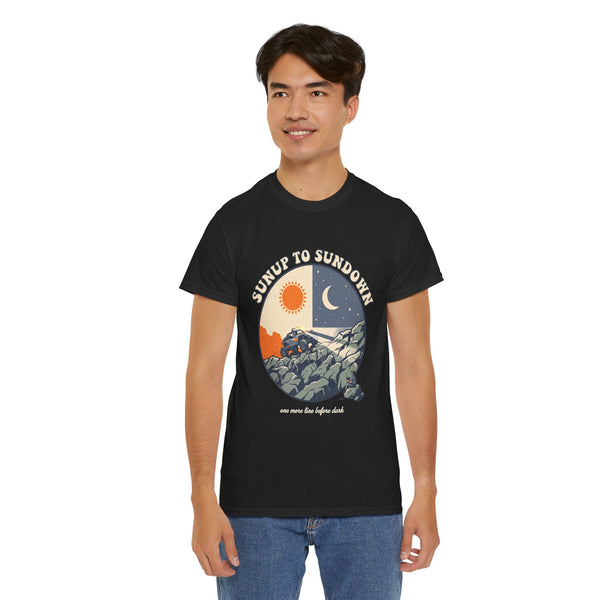 Sunup to Sundown Mountain T-Shirt - Retro Sunrise & Moon Graphic Tee