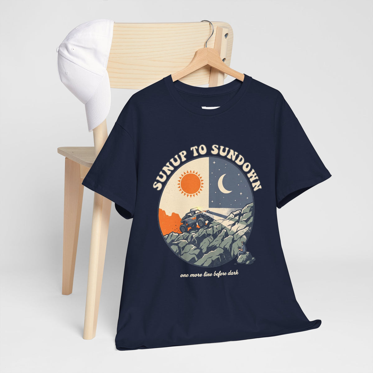Sunup to Sundown Mountain T-Shirt - Retro Sunrise & Moon Graphic Tee
