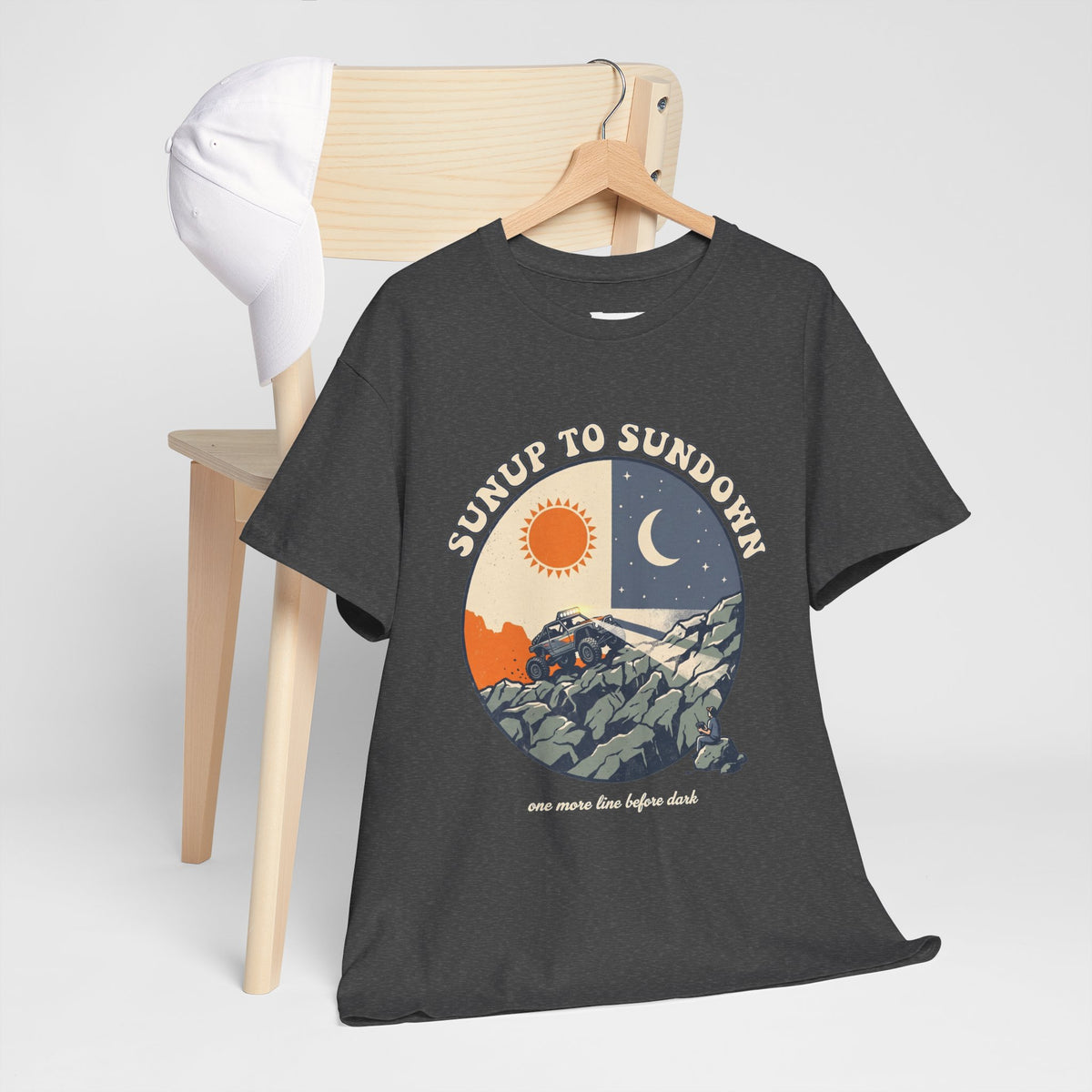 Sunup to Sundown Mountain T-Shirt - Retro Sunrise & Moon Graphic Tee