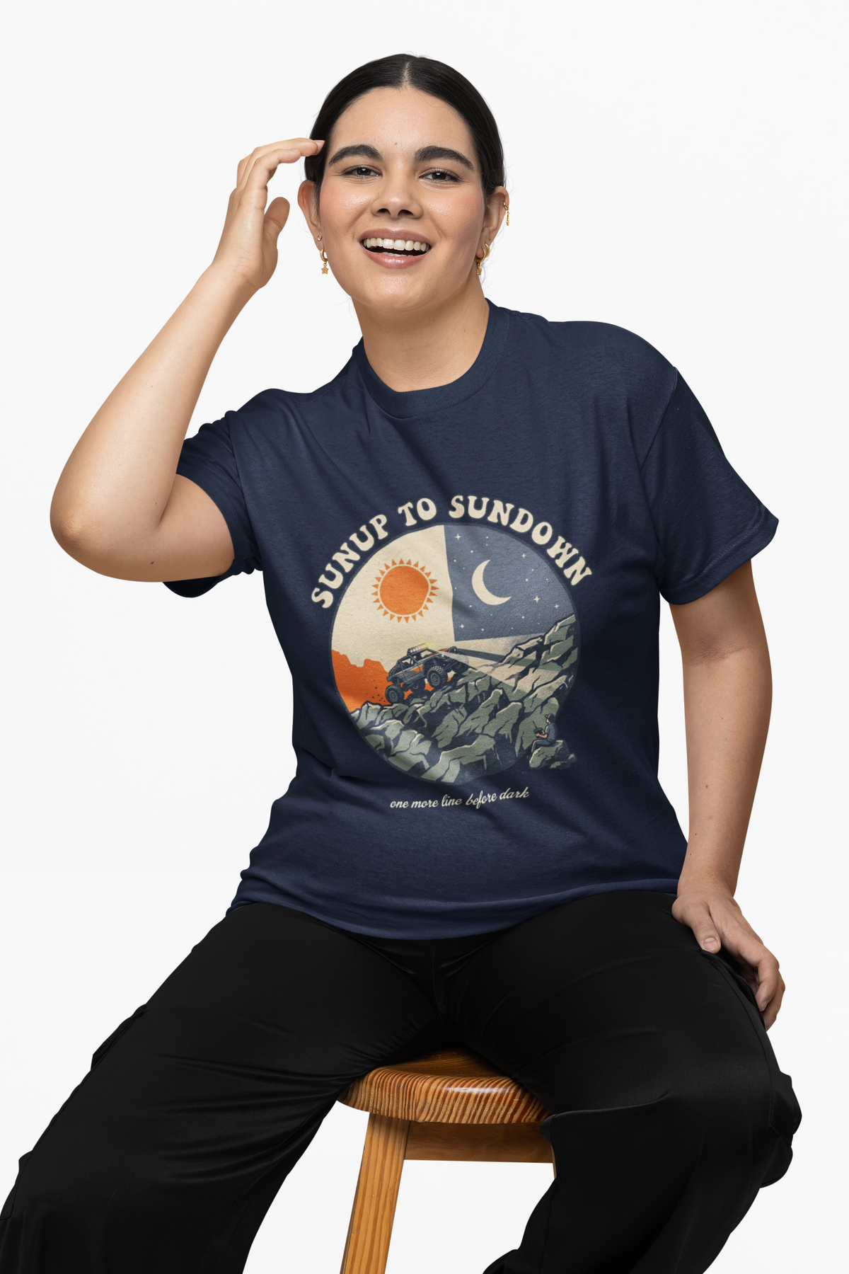 Sunup to Sundown Mountain T-Shirt - Retro Sunrise & Moon Graphic Tee