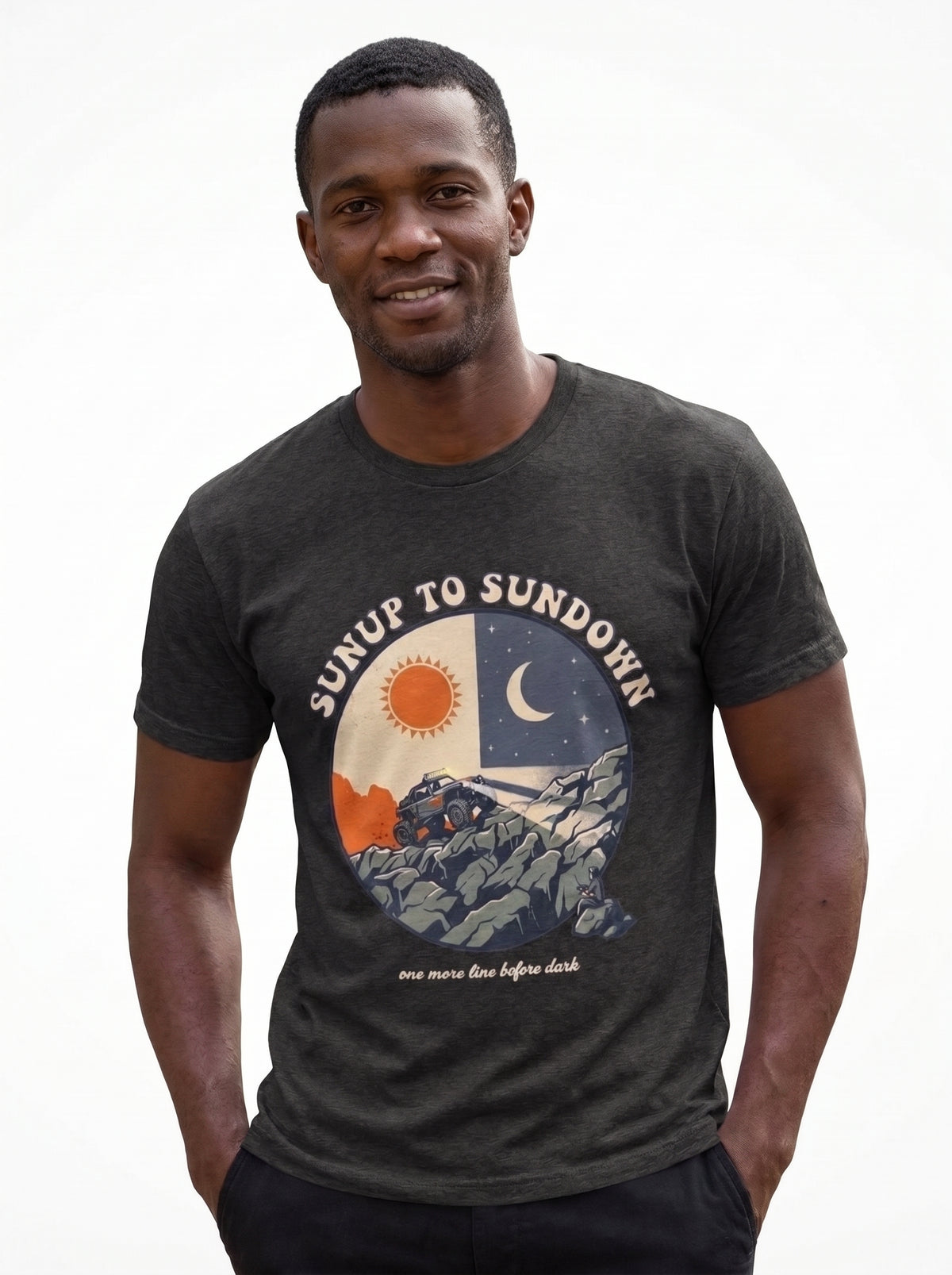 Sunup to Sundown Mountain T-Shirt - Retro Sunrise & Moon Graphic Tee