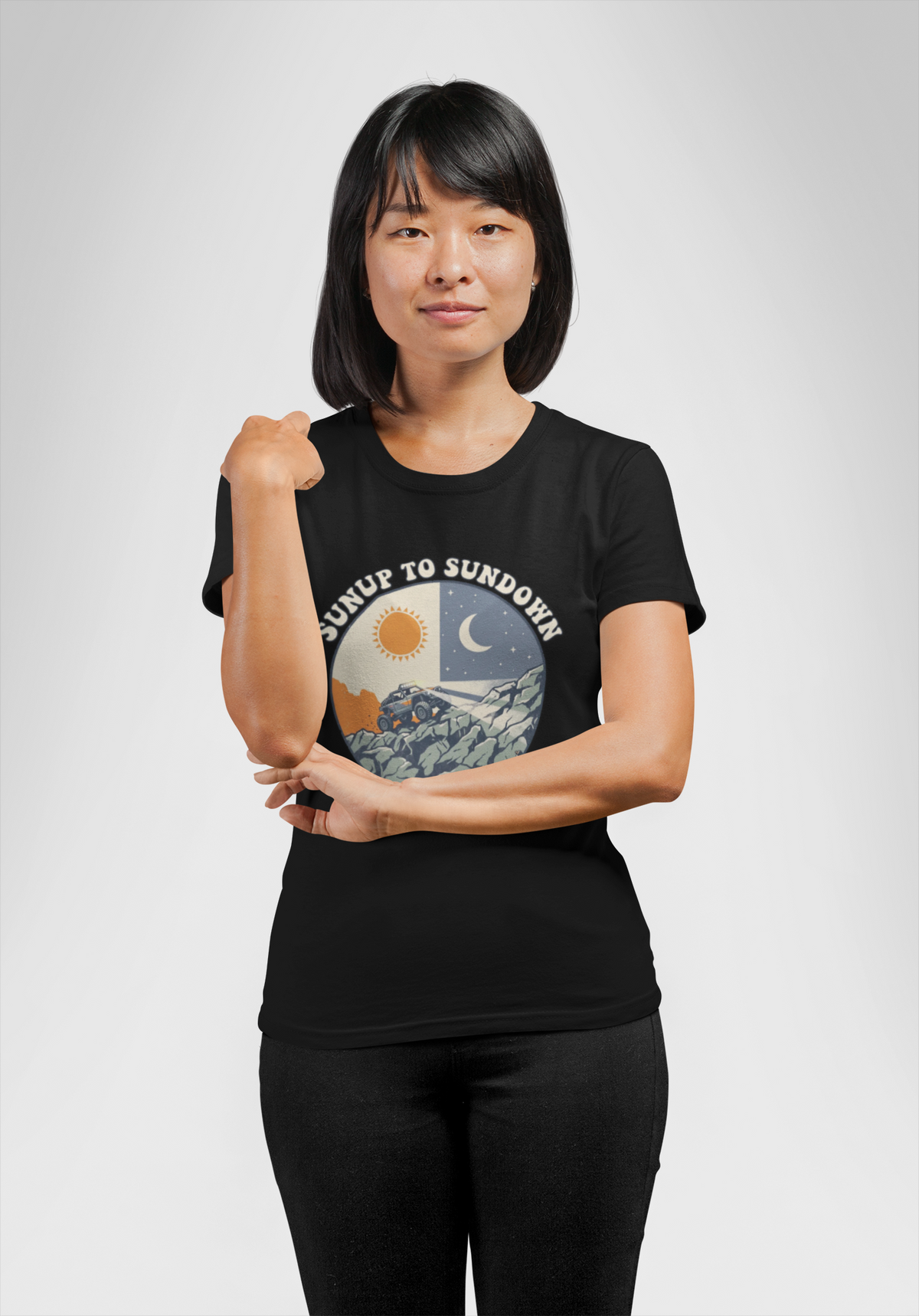 Sunup to Sundown Mountain T-Shirt - Retro Sunrise & Moon Graphic Tee